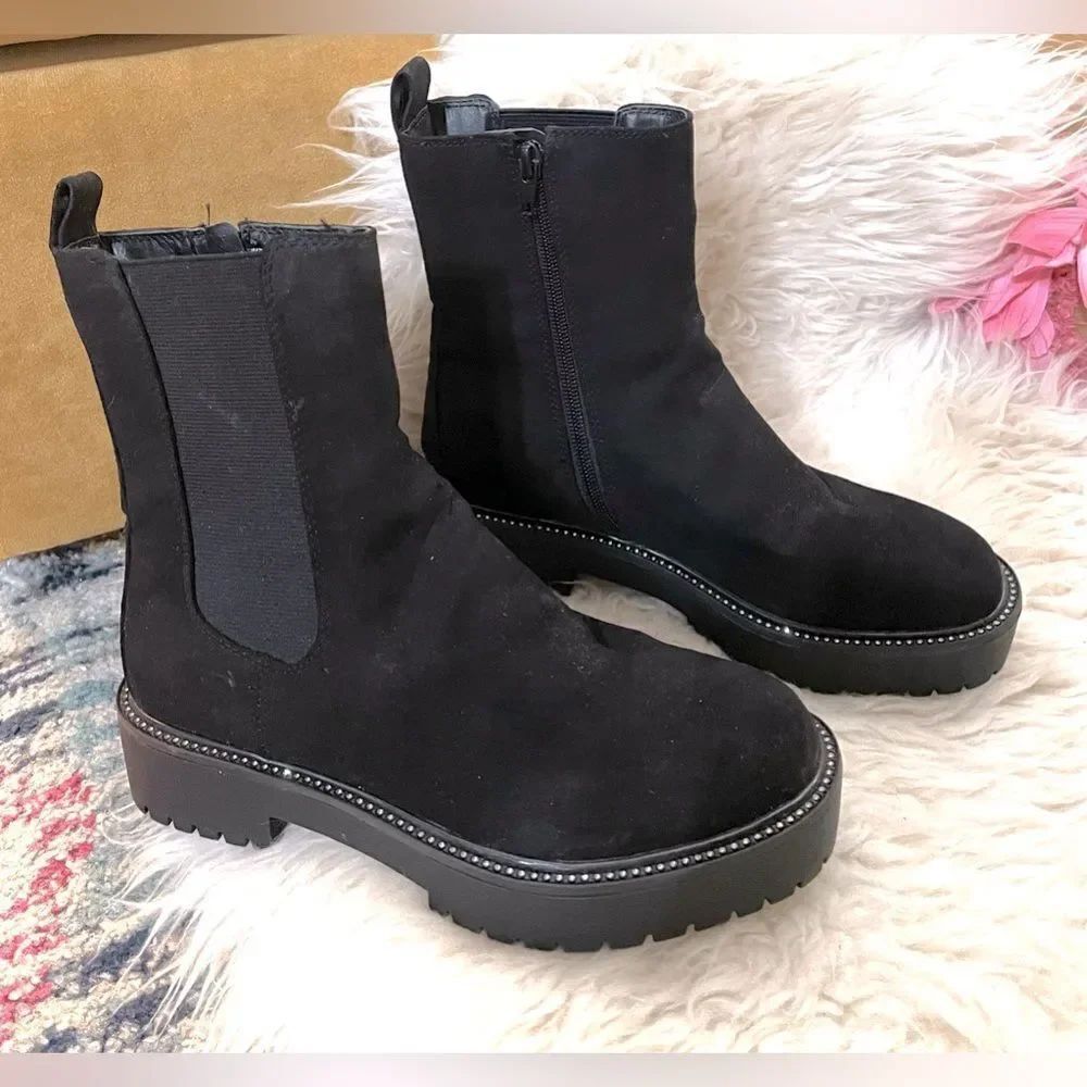 Time & True Faux Suede Boots Rhinestone Trim 6